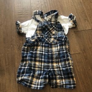Janie & Jack madras overalls 6-12M & shirt 18-24M